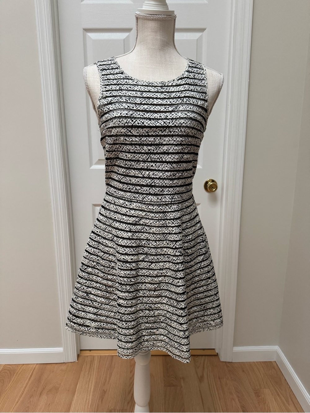 Parker Black and White Striped lace -like Fit-&-Flare Mini Dress